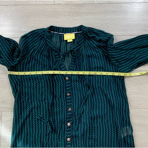 Anthropologie Maeve Della Sheer Navy Green Pattern Button Front Blouse - Picture 11 of 13